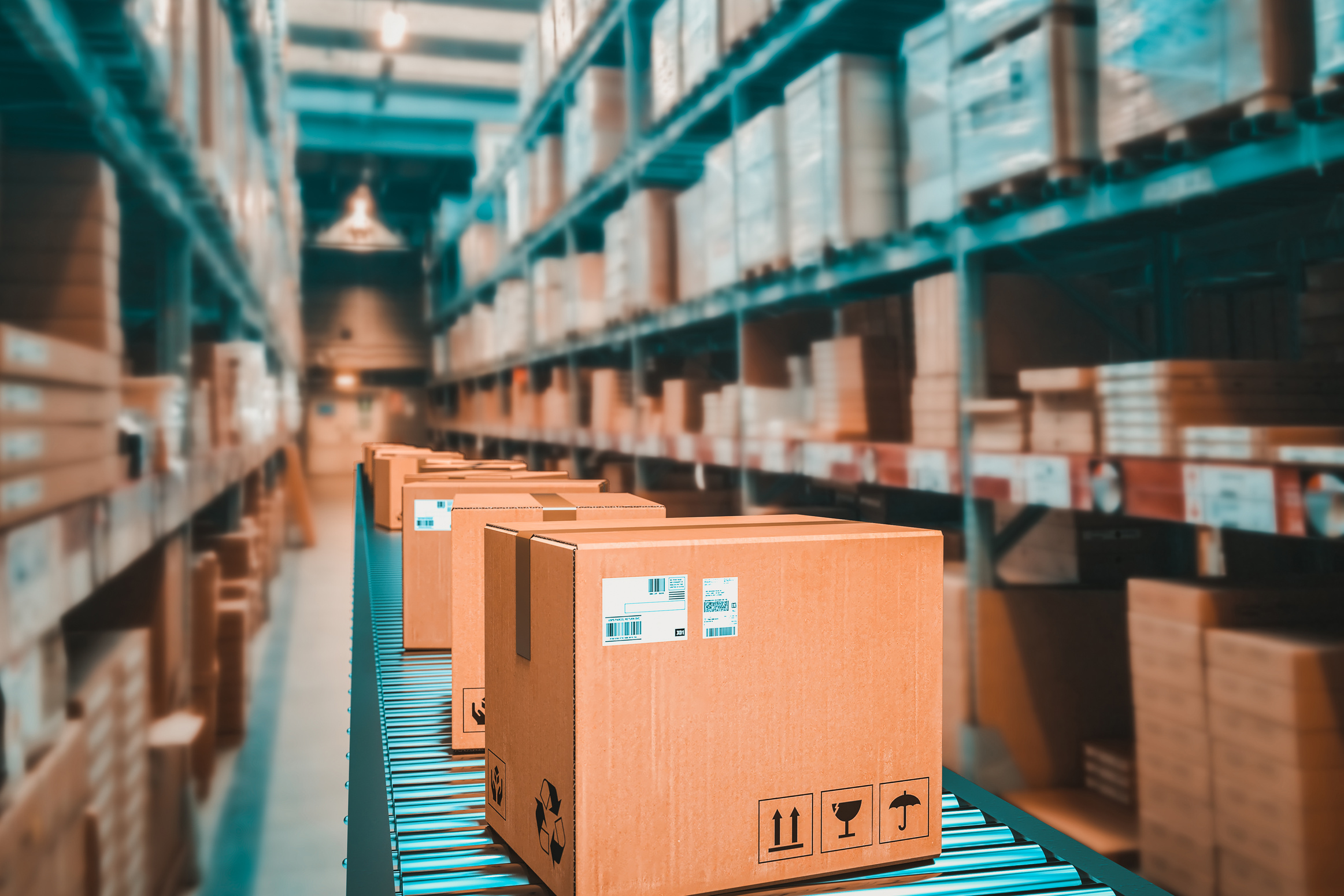 Parcels on Conveyor Belt in a Warehouse